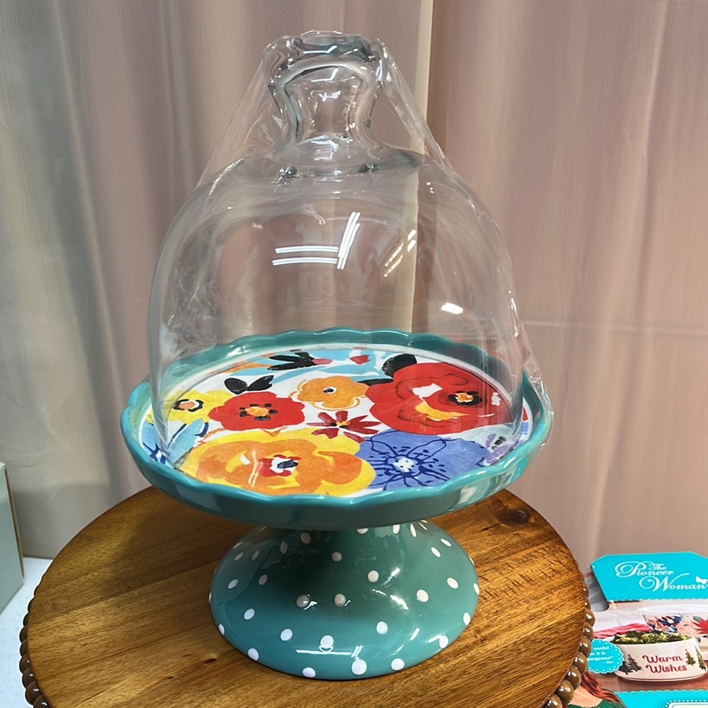 The Pioneer Woman Flea Market Ceramic 7 1/2" H Cupcake Stand Glass Dome Lid